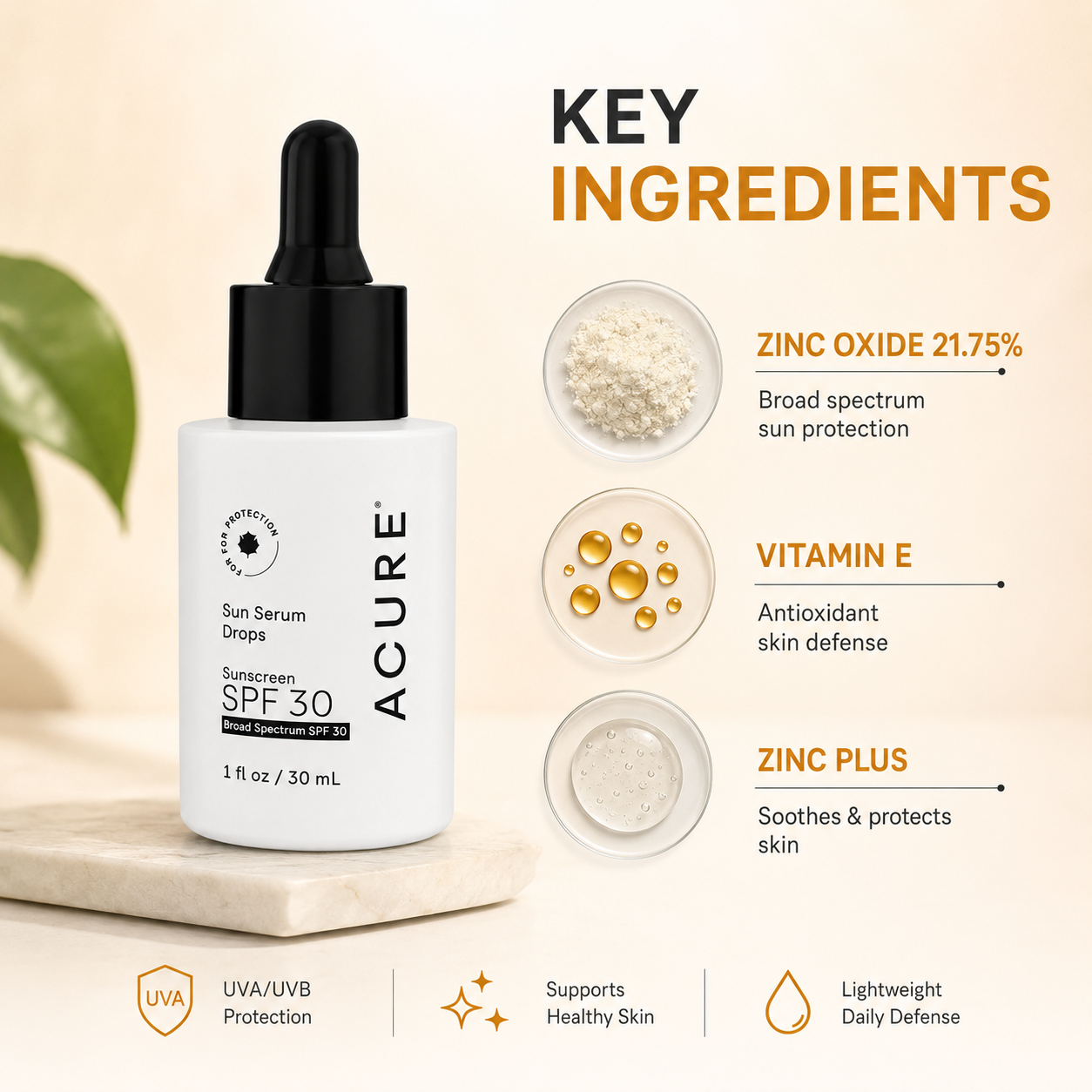 ACURE Sun Serum Drops SPF 30 mineral sunscreen serum 30ml for sensitive skin with lightweight broad spectrum UV protection