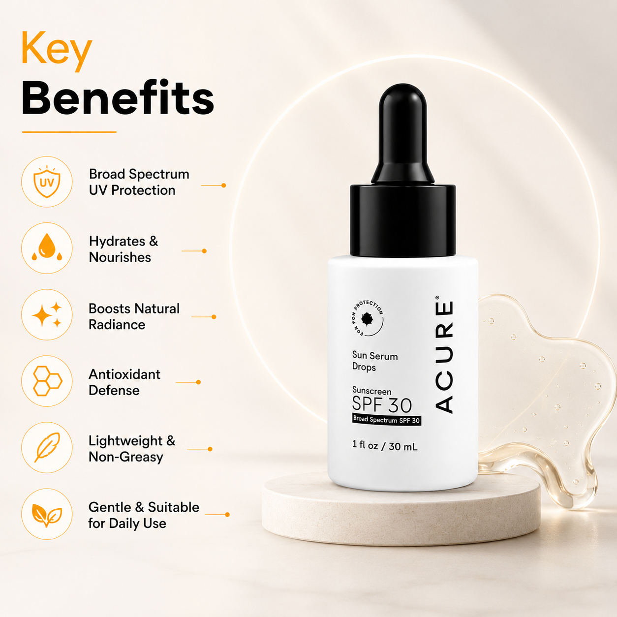 ACURE Sun Serum Drops SPF 30 mineral sunscreen serum 30ml for sensitive skin with lightweight broad spectrum UV protection