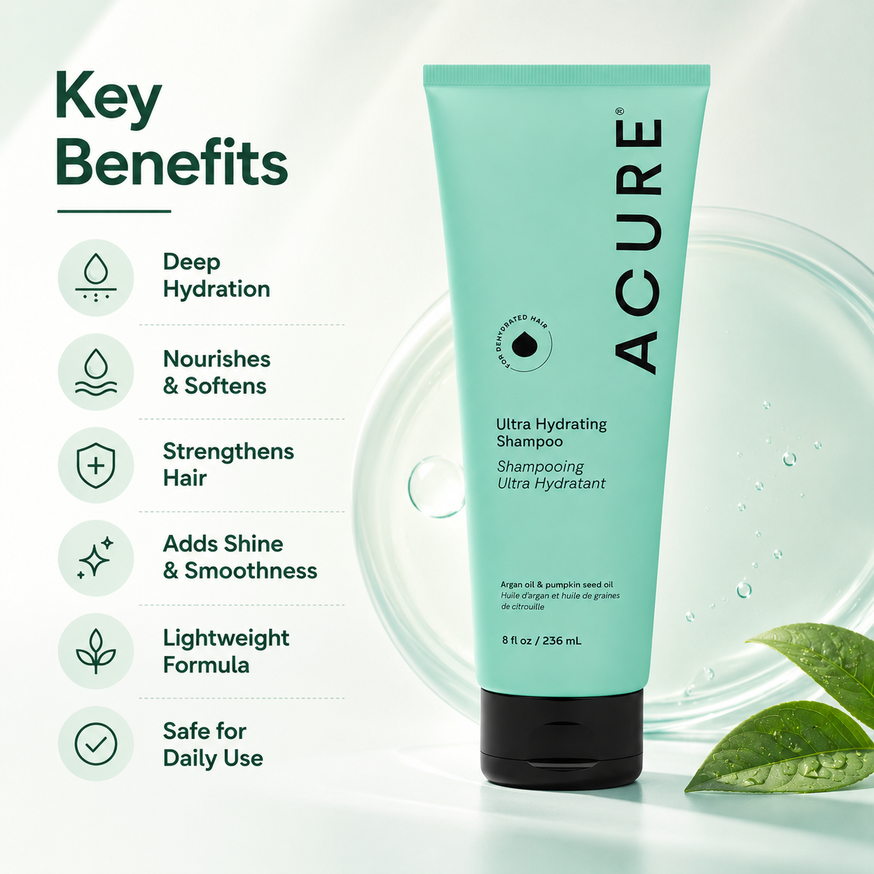 ACURE Ultra Hydrating Shampoo 236ml for dry dehydrated hair with argan oil and pumpkin seed oil for smoother softer hair