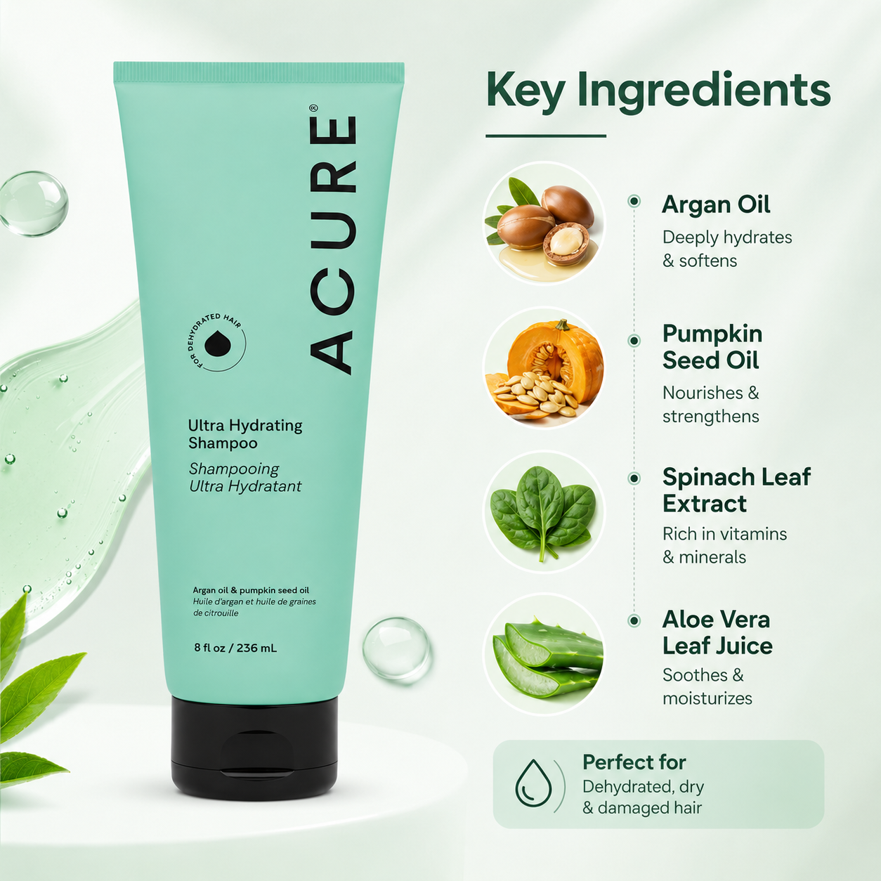 ACURE Ultra Hydrating Shampoo 236ml for dry dehydrated hair with argan oil and pumpkin seed oil for smoother softer hair