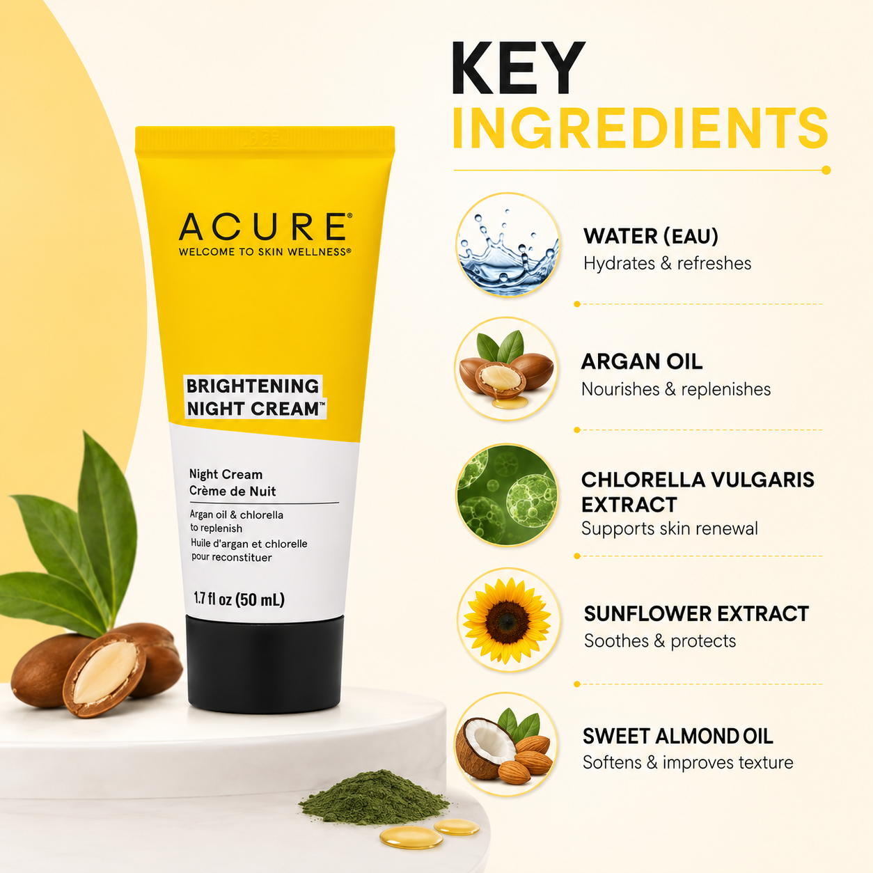 ACURE Brightening Night Cream 50ml overnight moisturizer for dry dull skin with argan oil and chlorella extract