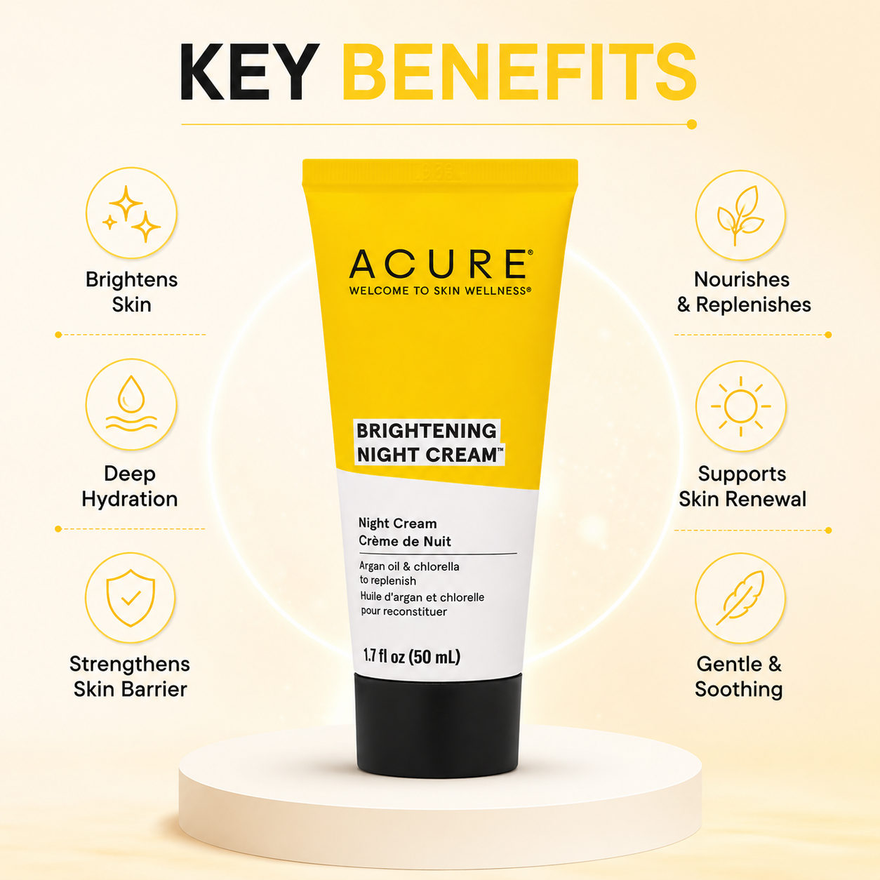 ACURE Brightening Night Cream 50ml overnight moisturizer for dry dull skin with argan oil and chlorella extract