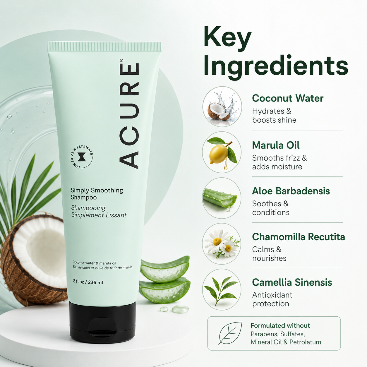 ACURE Simply Smoothing Shampoo 236ml smoothing shampoo for frizzy dry hair with coconut water and marula oil