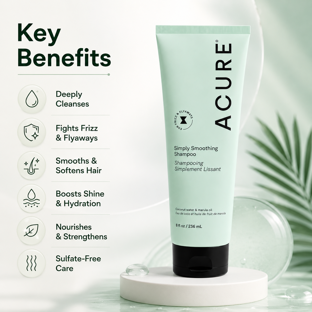 ACURE Simply Smoothing Shampoo 236ml smoothing shampoo for frizzy dry hair with coconut water and marula oil