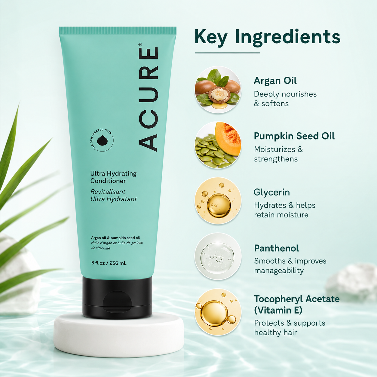 ACURE Ultra Hydrating Conditioner 236ml for dry dehydrated hair with argan oil and pumpkin seed oil for smooth soft hair
