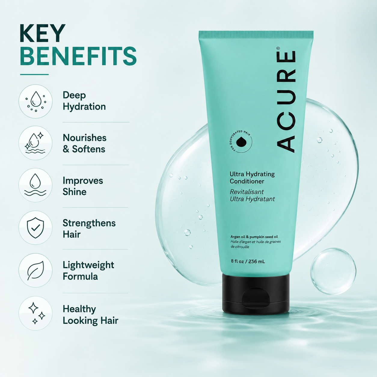 ACURE Ultra Hydrating Conditioner 236ml for dry dehydrated hair with argan oil and pumpkin seed oil for smooth soft hair