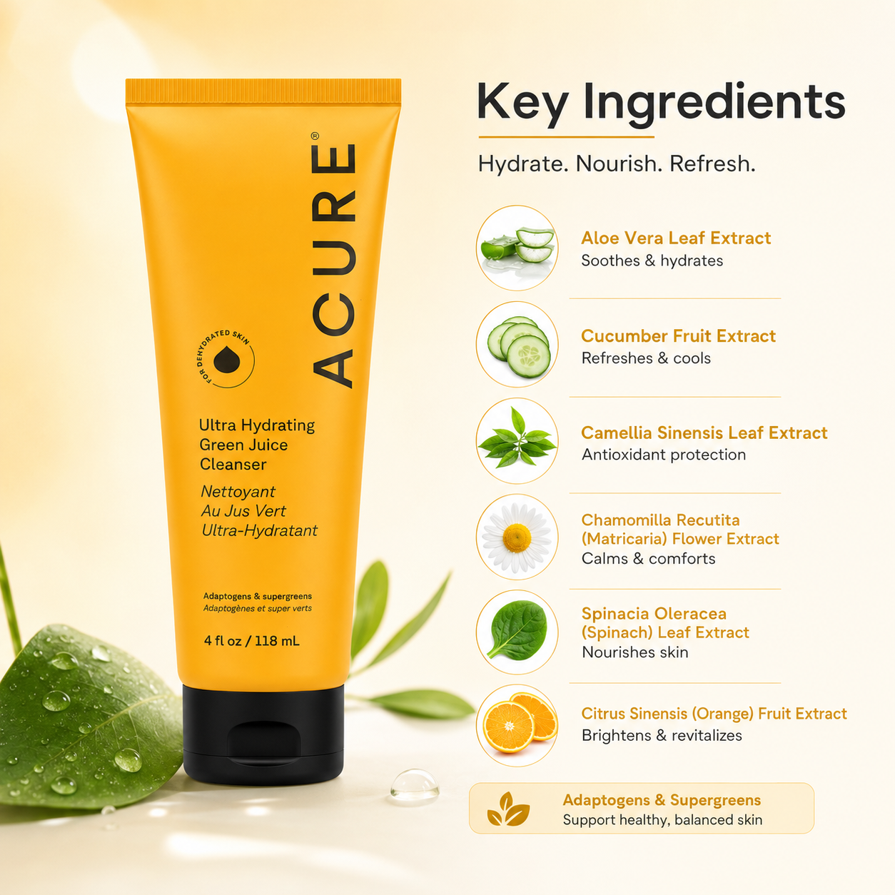 ACURE Ultra Hydrating Green Juice Cleanser 118ml hydrating face cleanser for dry and sensitive skin with adaptogens and supergreens