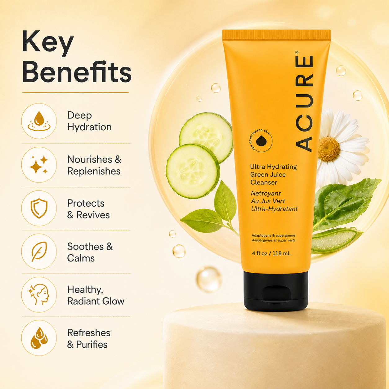 ACURE Ultra Hydrating Green Juice Cleanser 118ml hydrating face cleanser for dry and sensitive skin with adaptogens and supergreens