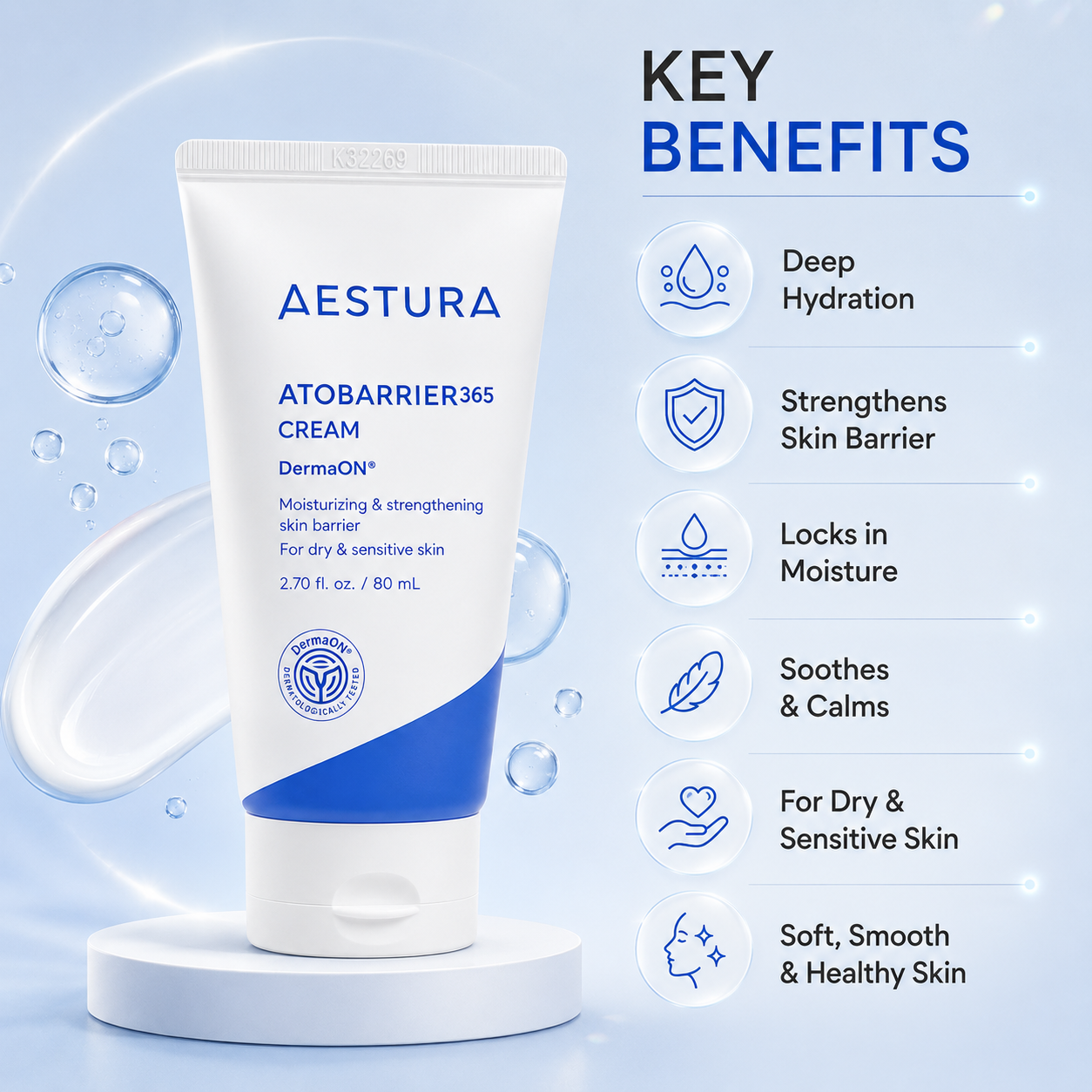 AESTURA ATOBARRIER365 Cream Barrier Repair Face Cream 80mL for dry and sensitive skin with long-lasting hydration and skin barrier support