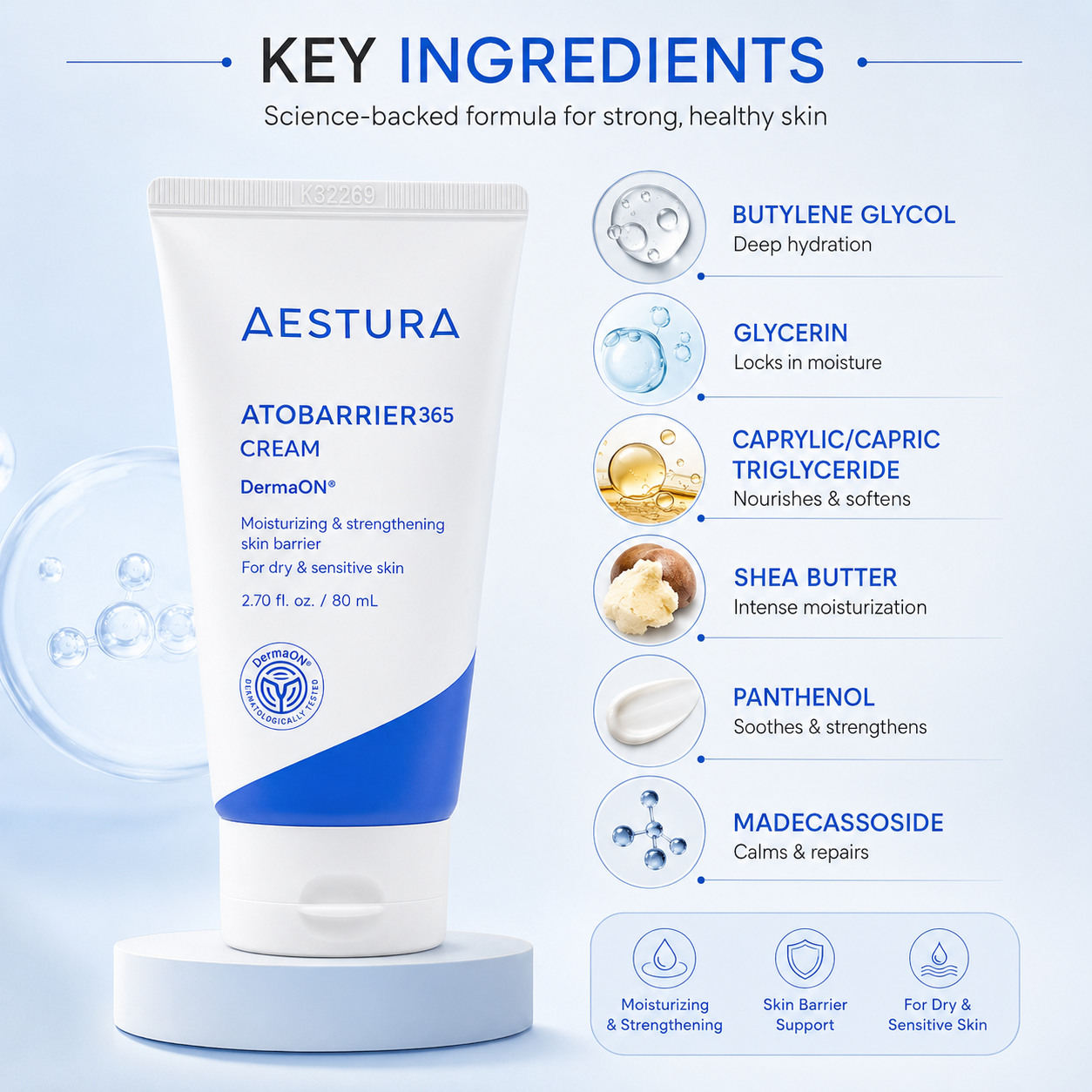 AESTURA ATOBARRIER365 Cream Barrier Repair Face Cream 80mL for dry and sensitive skin with long-lasting hydration and skin barrier support