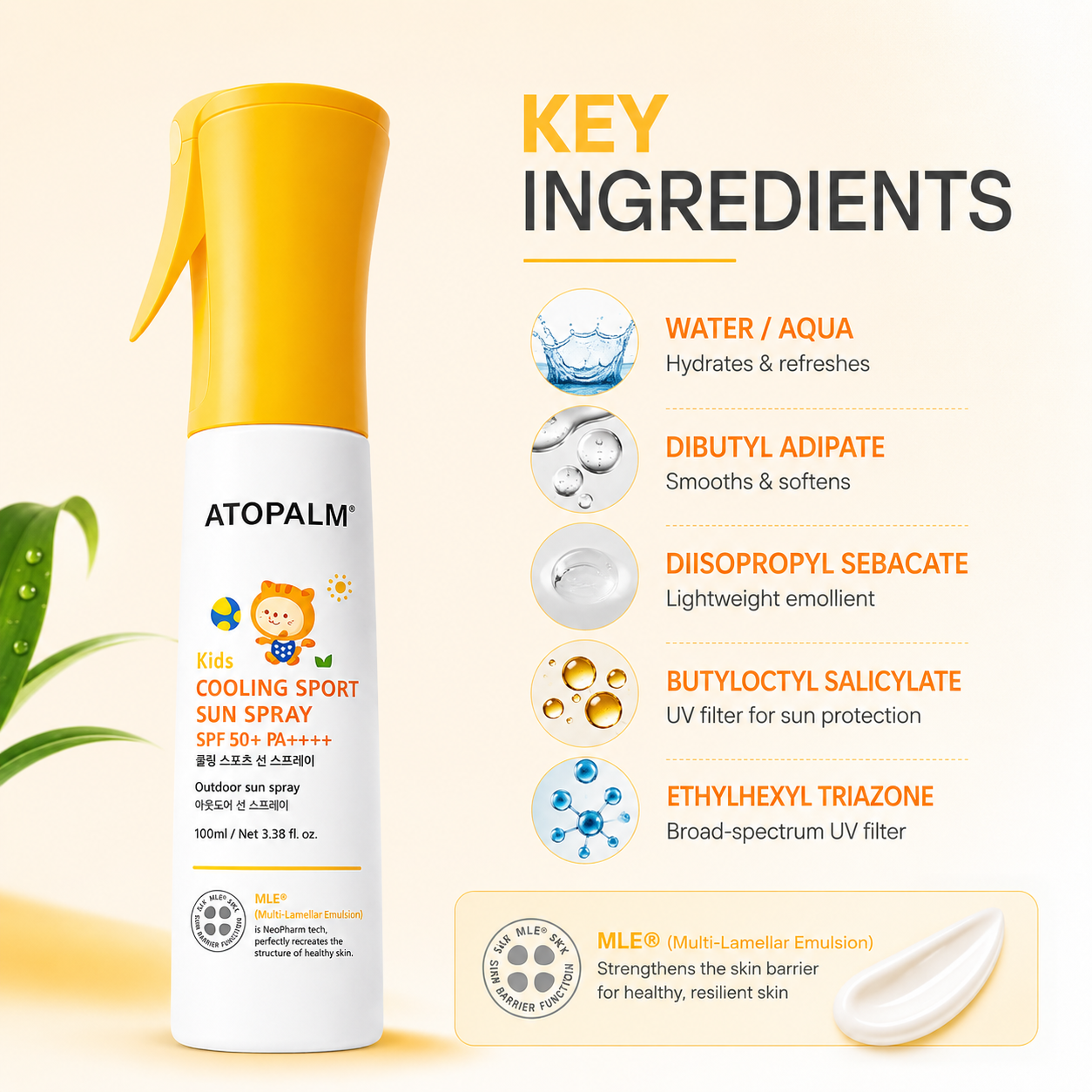 ATOPALM Kids Cooling Sport Sun Spray SPF50+ PA++++ 100ml kids sunscreen spray providing broad-spectrum UV protection for outdoor activities.