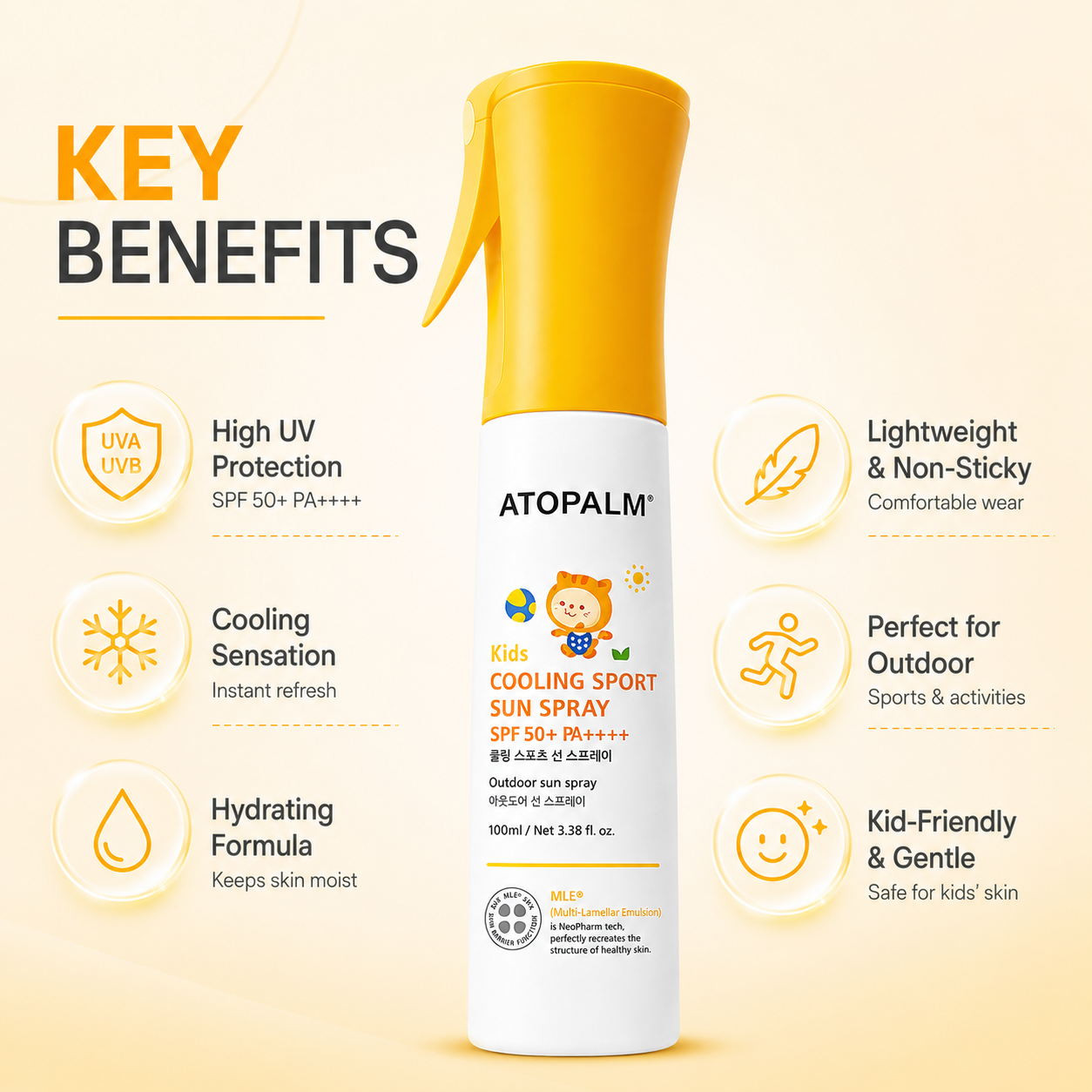 ATOPALM Kids Cooling Sport Sun Spray SPF50+ PA++++ 100ml kids sunscreen spray providing broad-spectrum UV protection for outdoor activities.