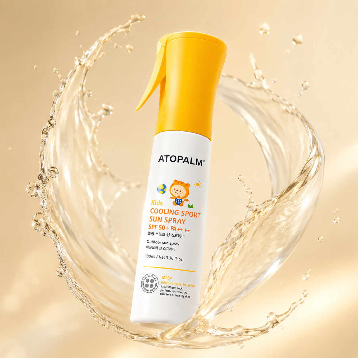 ATOPALM Kids Cooling Sport Sun Spray SPF50+ PA++++ 100ml kids sunscreen spray providing broad-spectrum UV protection for outdoor activities.