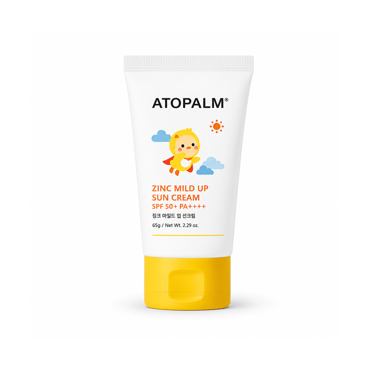 ATOPALM Zinc Mild Up Sun Cream SPF50+ PA++++ mineral face sunscreen tube 65g providing broad-spectrum UV protection for sensitive skin.