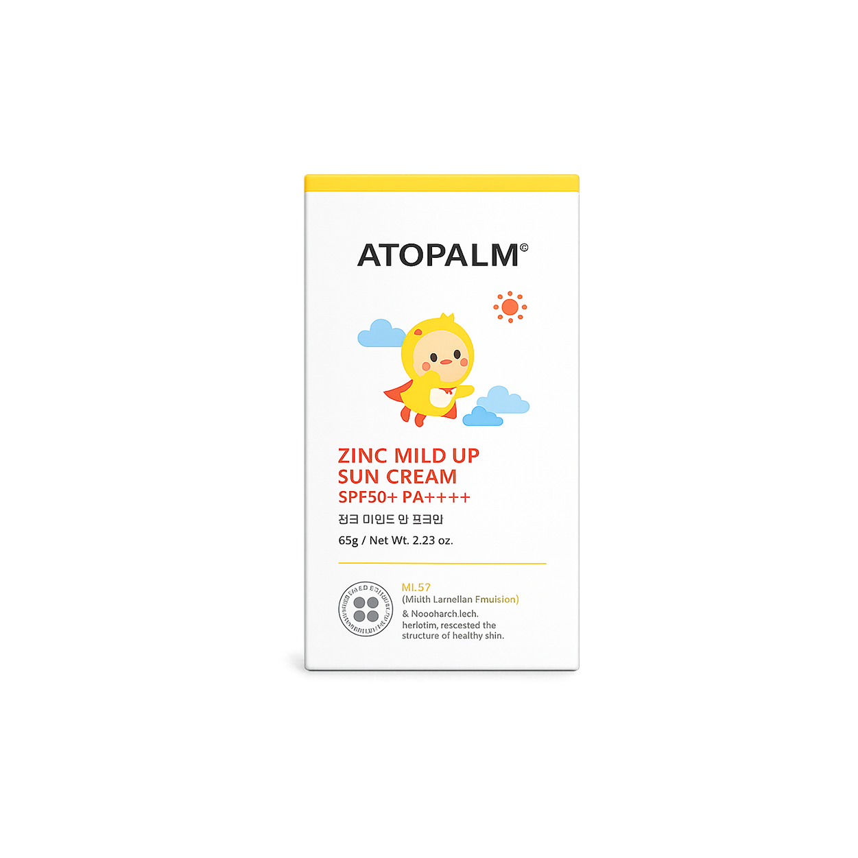 ATOPALM Zinc Mild Up Sun Cream SPF50+ PA++++ mineral face sunscreen tube 65g providing broad-spectrum UV protection for sensitive skin.