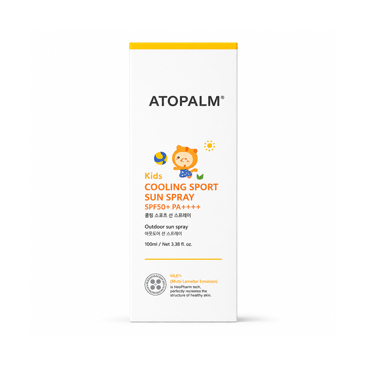 ATOPALM Kids Cooling Sport Sun Spray SPF50+ PA++++ 100ml kids sunscreen spray providing broad-spectrum UV protection for outdoor activities.