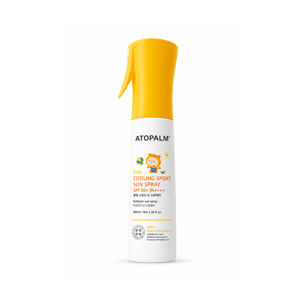 ATOPALM Kids Cooling Sport Sun Spray SPF50+ PA++++ 100ml kids sunscreen spray providing broad-spectrum UV protection for outdoor activities.