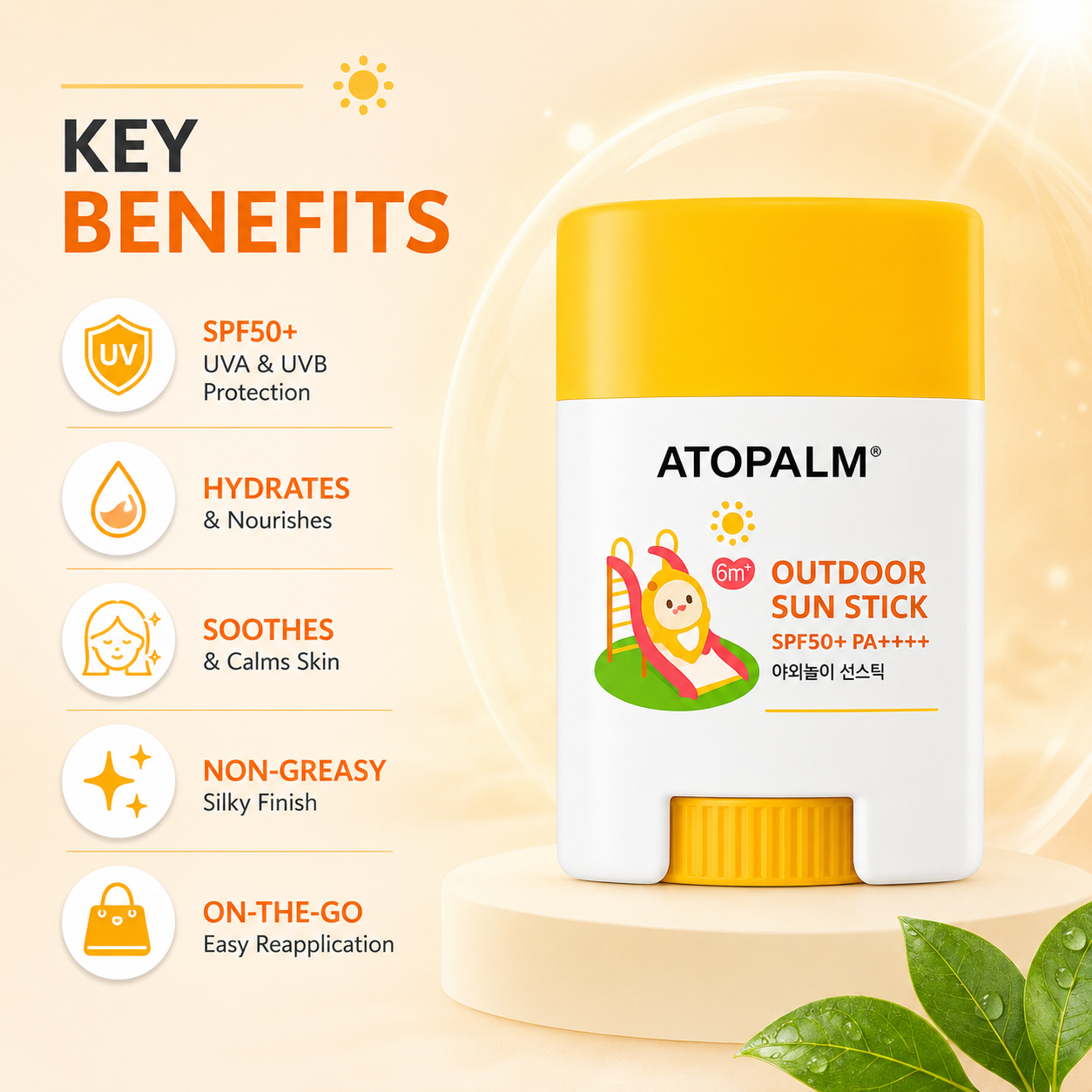 ATOPALM Outdoor Sun Stick SPF50+ PA++++ 21g mineral sunscreen stick providing broad-spectrum UVA and UVB protection for sensitive skin.