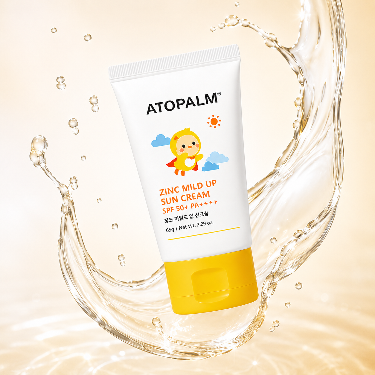 ATOPALM Zinc Mild Up Sun Cream SPF50+ PA++++ mineral face sunscreen tube 65g providing broad-spectrum UV protection for sensitive skin.