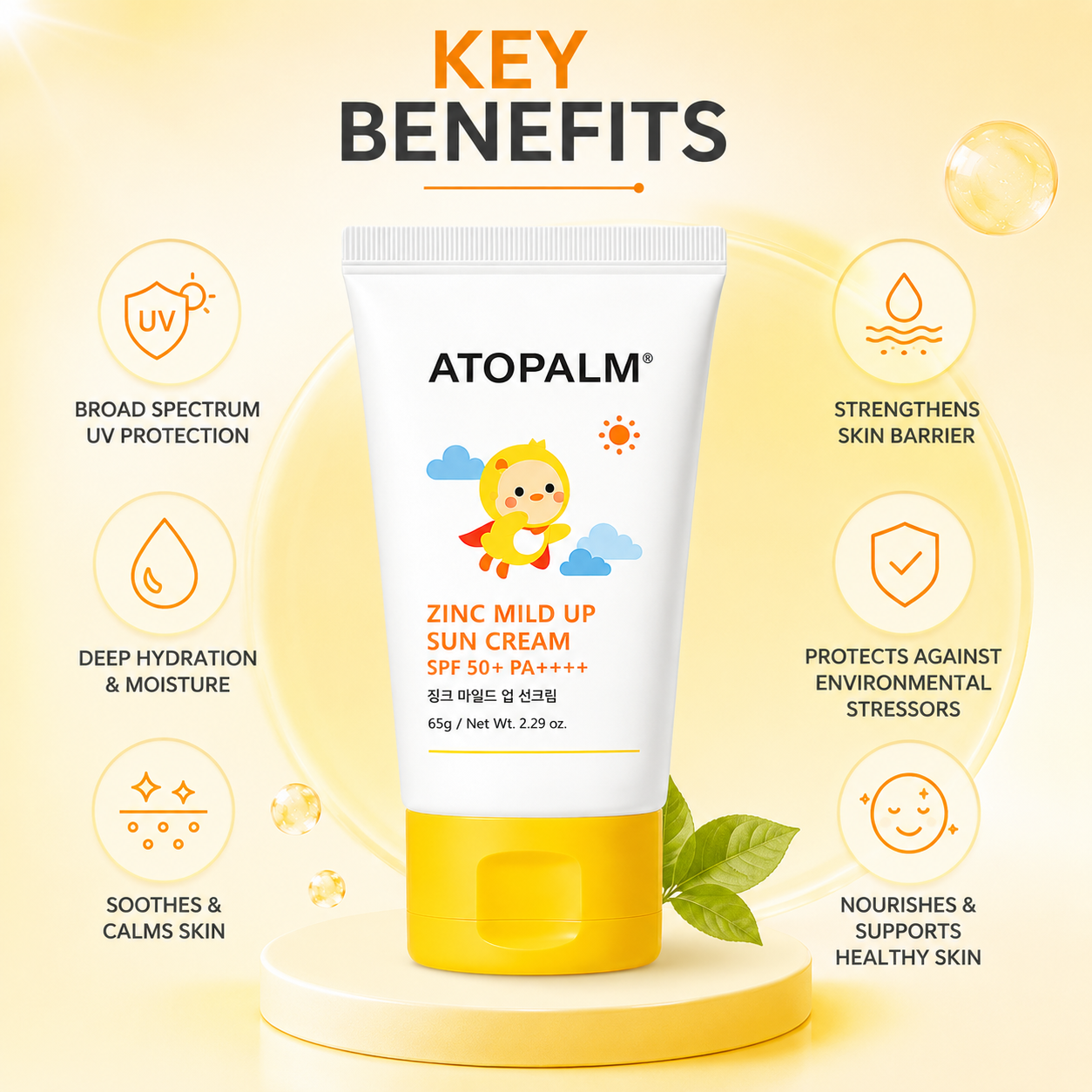 ATOPALM Zinc Mild Up Sun Cream SPF50+ PA++++ mineral face sunscreen tube 65g providing broad-spectrum UV protection for sensitive skin.