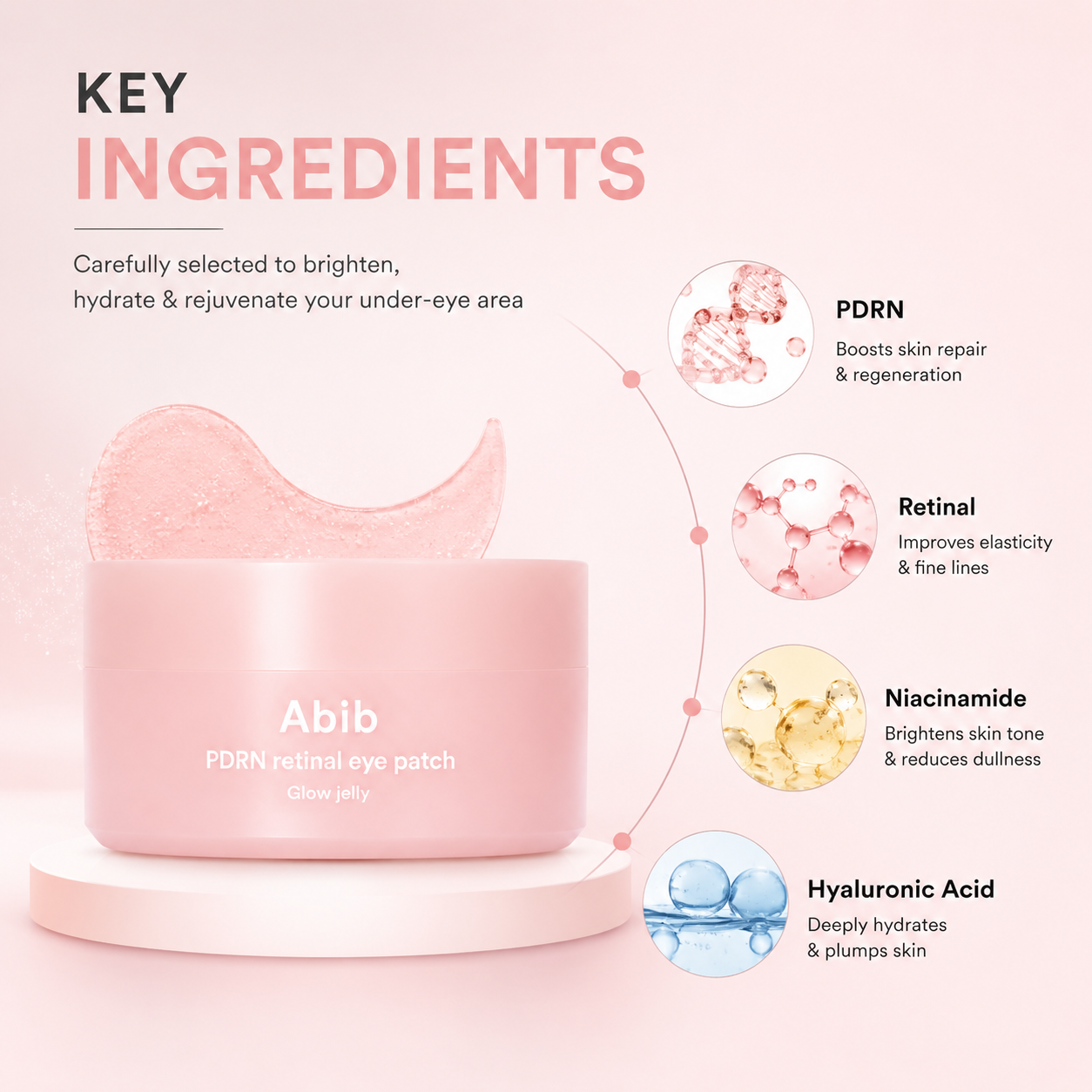 Abib PDRN Retinal Eye Patch Glow Jelly hydrogel eye patches 84g with PDRN and Retinal to hydrate and brighten tired under eyes.