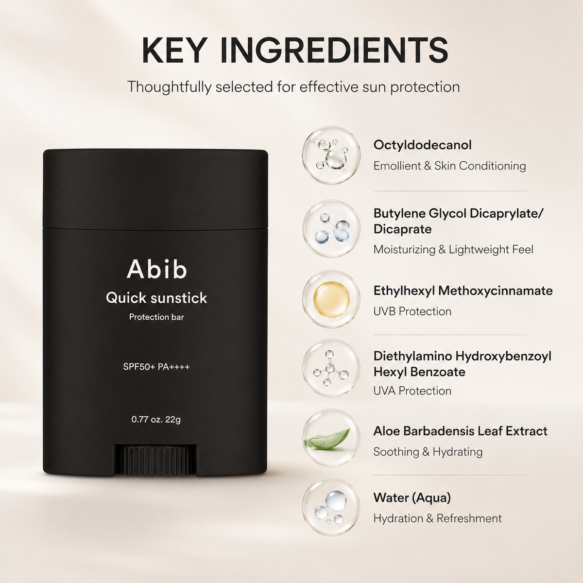 Abib Quick Sunstick Protection Bar SPF50+ PA++++ facial sunscreen stick 22g for convenient daily UV protection
