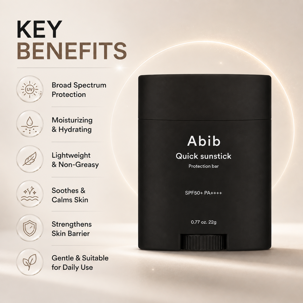 Abib Quick Sunstick Protection Bar SPF50+ PA++++ facial sunscreen stick 22g for convenient daily UV protection