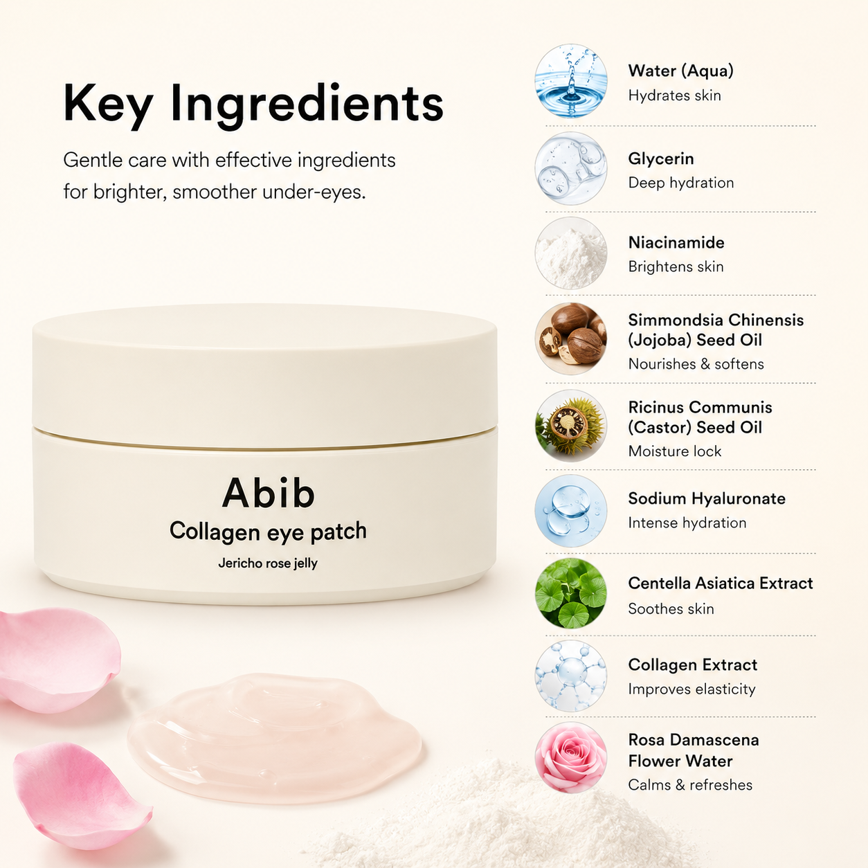 Abib Collagen Eye Patch Jericho Rose Jelly hydrogel eye patches 90g for hydrating, brightening and firming tired under-eyes.