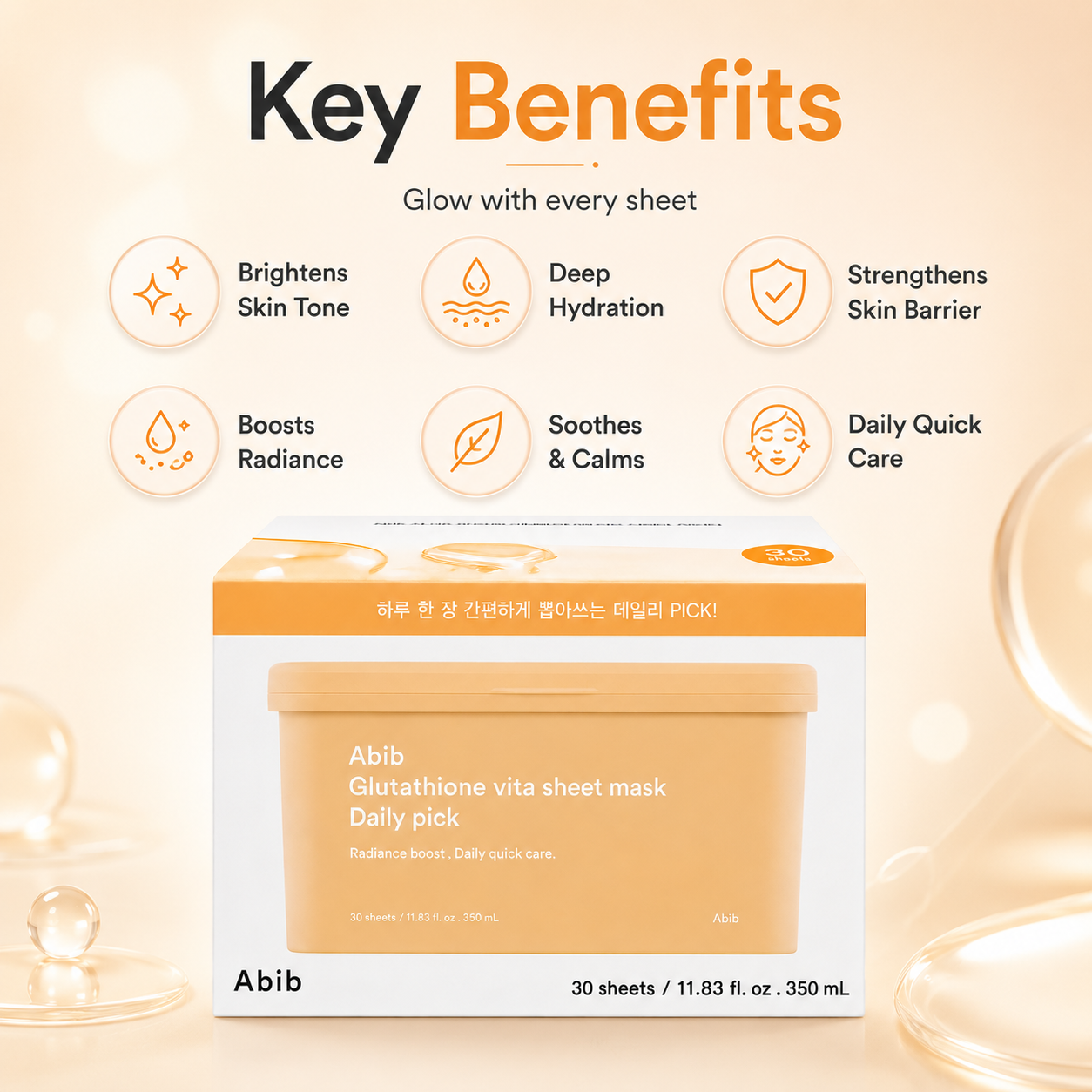 Abib Glutathione Vita Sheet Mask Daily Pick daily sheet mask 30 sheets 350 mL for brighter, hydrated and radiant-looking skin.