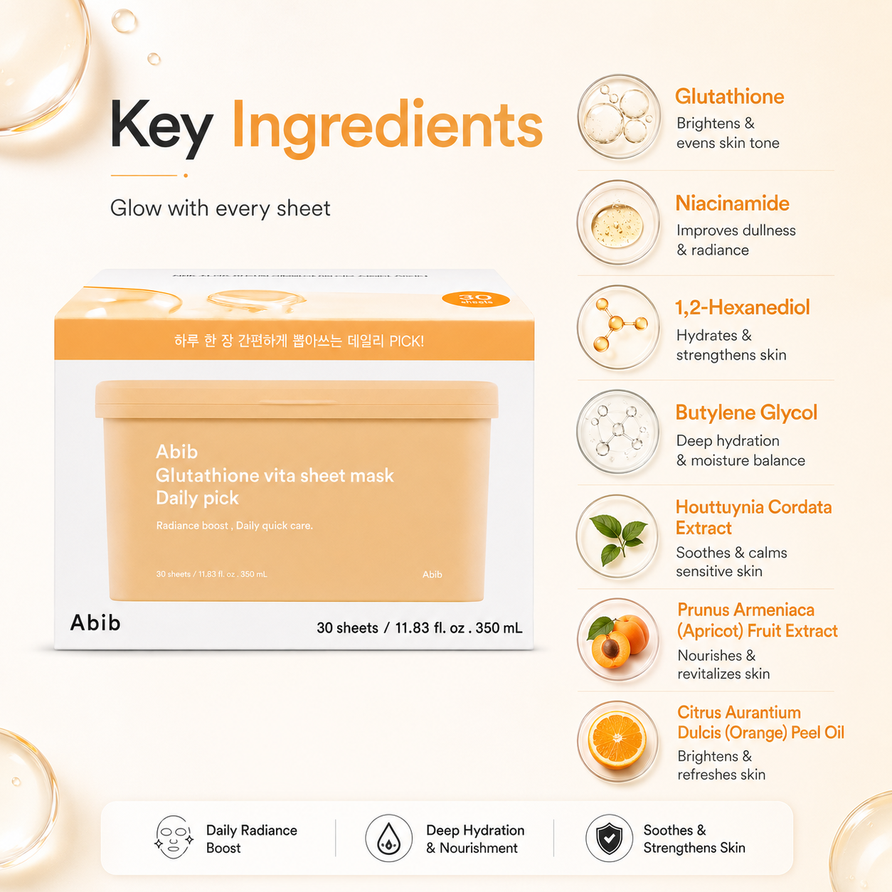 Abib Glutathione Vita Sheet Mask Daily Pick daily sheet mask 30 sheets 350 mL for brighter, hydrated and radiant-looking skin.