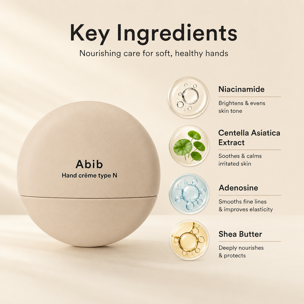 Abib Hand Crème Type N Hand Cream 50ml round moisturizing hand cream for dry hands with long-lasting hydration and skin barrier care.