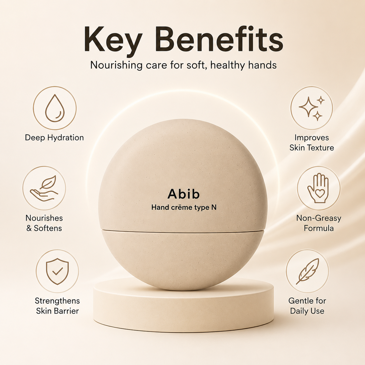 Abib Hand Crème Type N Hand Cream 50ml round moisturizing hand cream for dry hands with long-lasting hydration and skin barrier care.