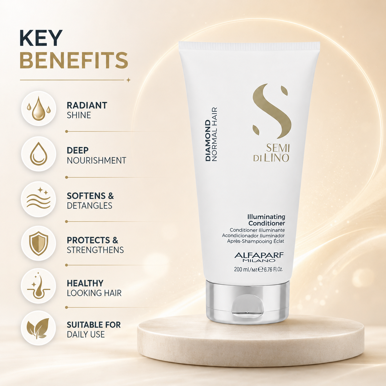 Alfaparf Milano Semi Di Lino Diamond Illuminating Conditioner 200ml for normal hair, designed to enhance shine and improve manageability.
