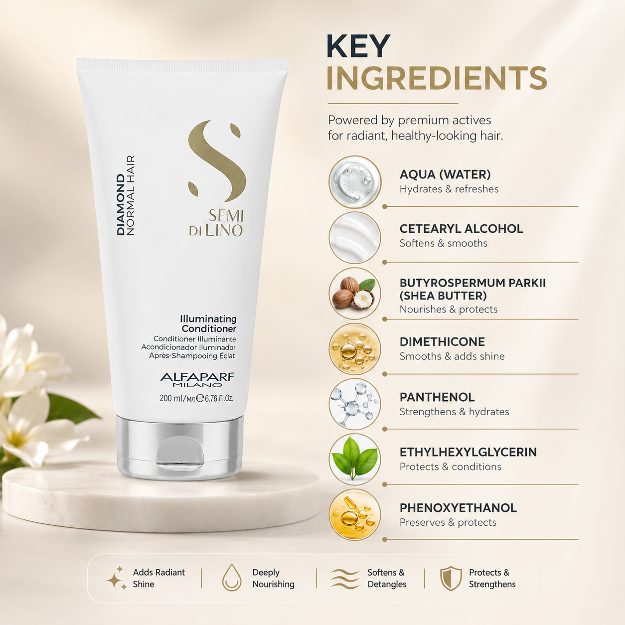 Alfaparf Milano Semi Di Lino Diamond Illuminating Conditioner 200ml for normal hair, designed to enhance shine and improve manageability.