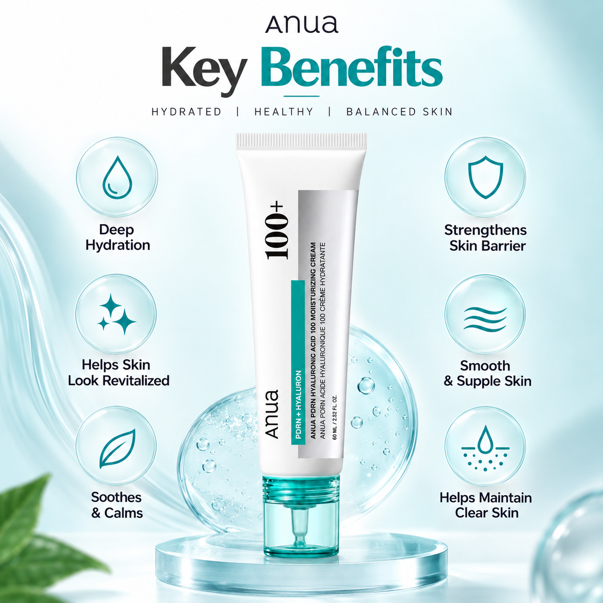 Anua PDRN Hyaluronic Acid 100 Moisturizing Cream 60ml, face moisturizer for dry and dehydrated skin