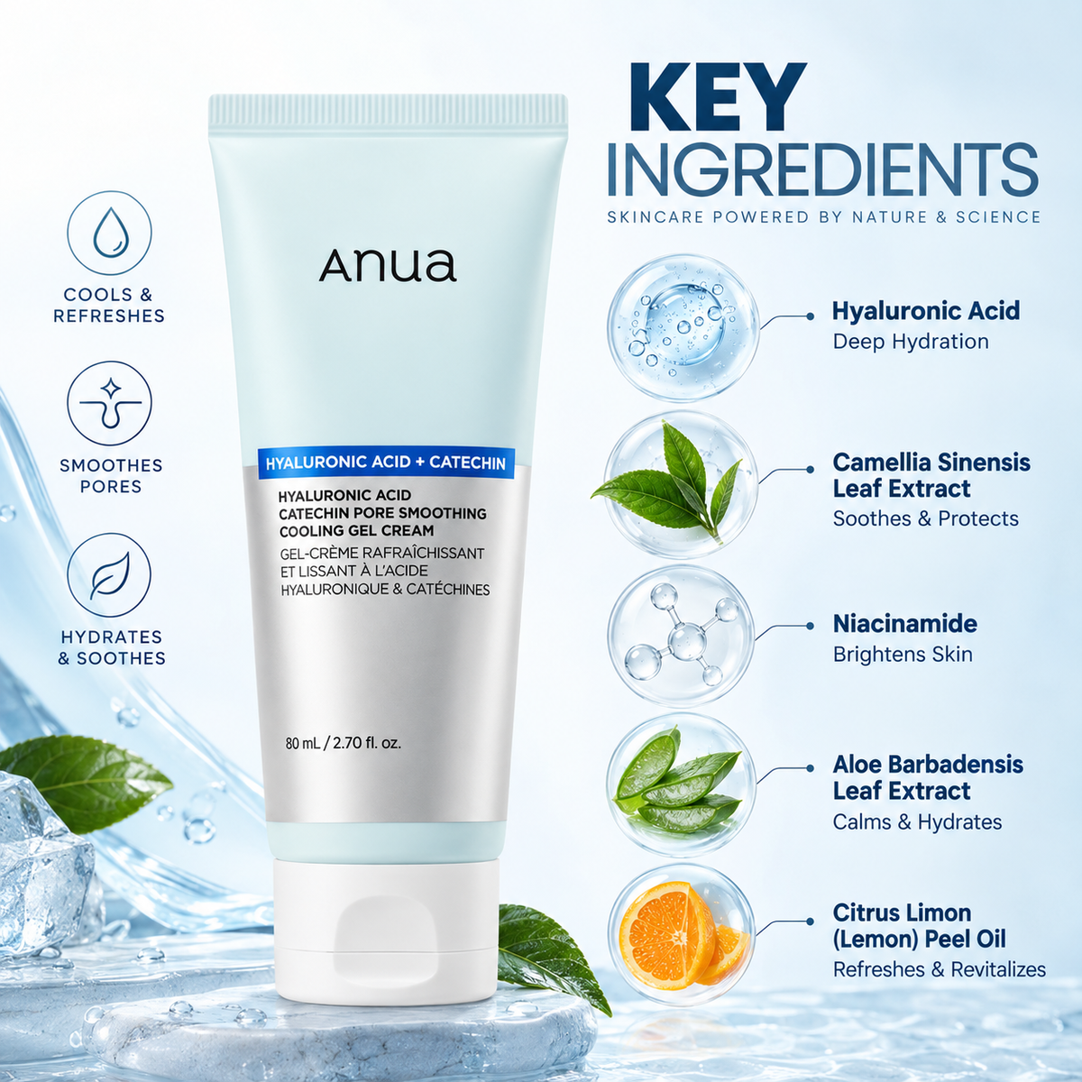 Anua Hyaluronic Acid + Catechin Pore Smoothing Cooling Gel Cream 80ml for cooling hydration and pore smoothing