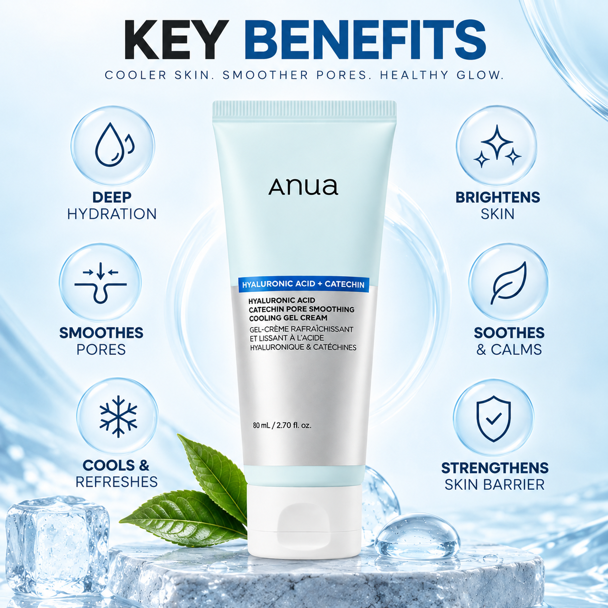 Anua Hyaluronic Acid + Catechin Pore Smoothing Cooling Gel Cream 80ml for cooling hydration and pore smoothing