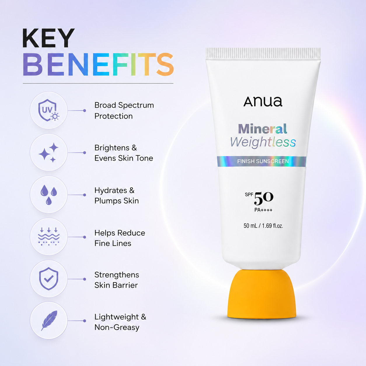 Anua Mineral Weightless Finish Sunscreen SPF 50 PA++++ 50ml mineral sunscreen with lightweight daily UV protection for sensitive skin