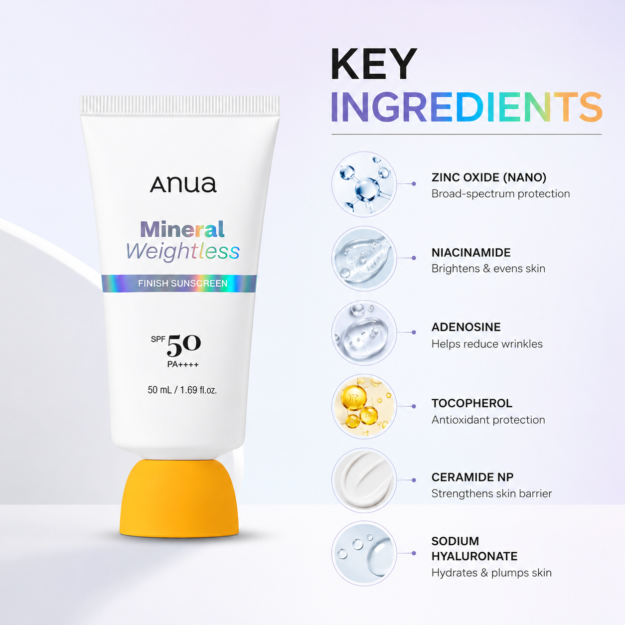 Anua Mineral Weightless Finish Sunscreen SPF 50 PA++++ 50ml mineral sunscreen with lightweight daily UV protection for sensitive skin