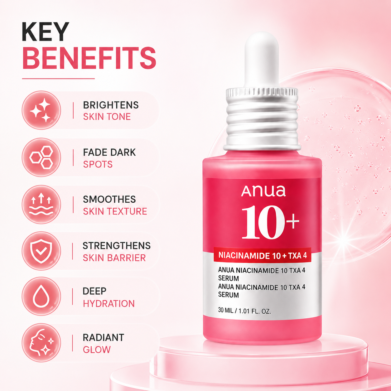 Anua Niacinamide 10 + TXA 4 Serum 30ml brightening face serum with Niacinamide and TXA for dark spots and uneven skin tone.