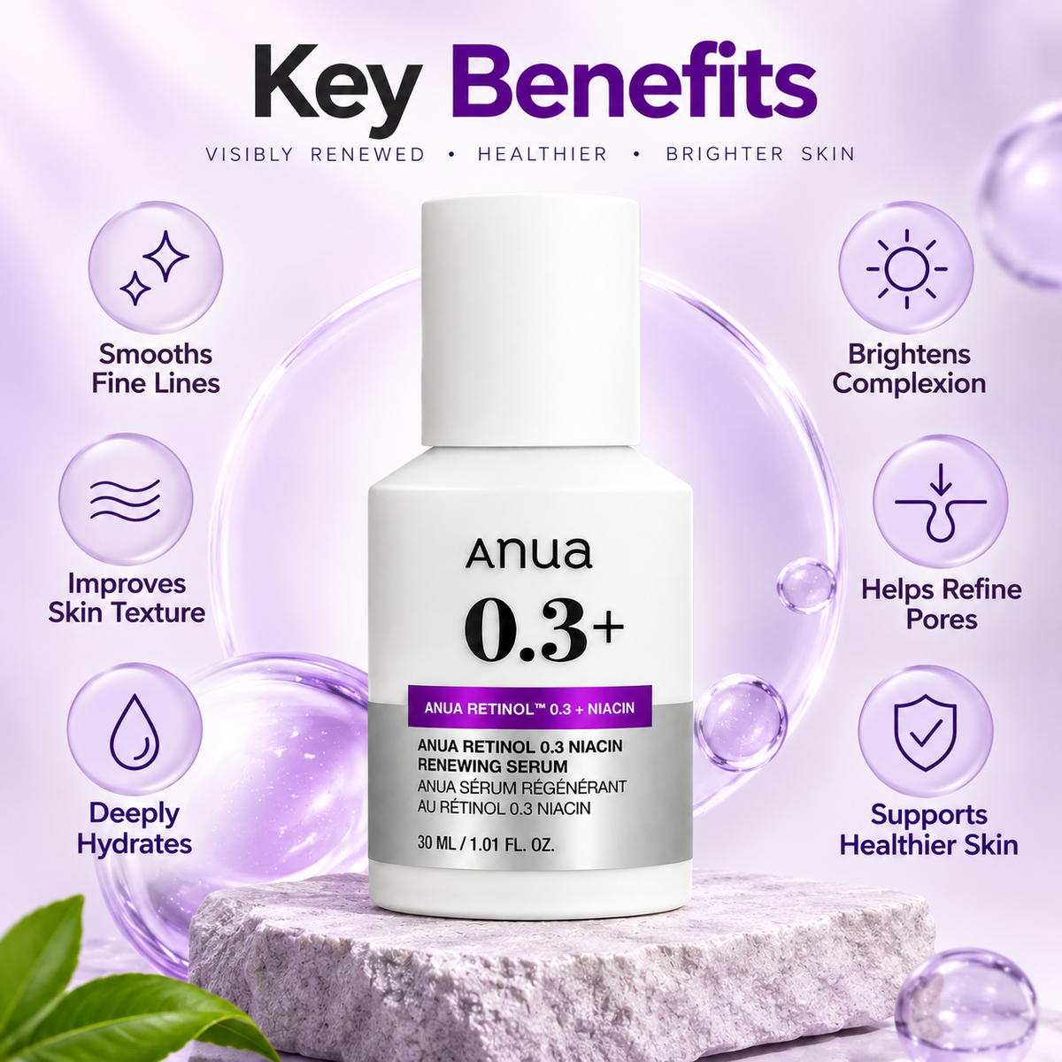 Anua Retinol 0.3 Niacin Renewing Serum retinol facial serum 30ml for skin renewal and smoother-looking texture