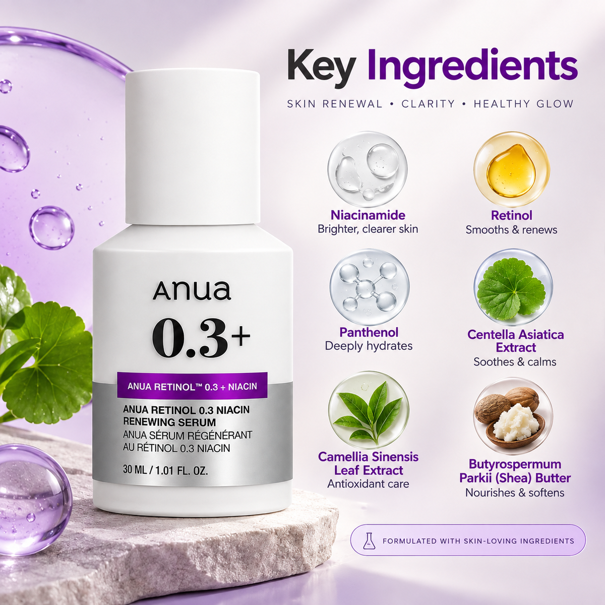 Anua Retinol 0.3 Niacin Renewing Serum retinol facial serum 30ml for skin renewal and smoother-looking texture