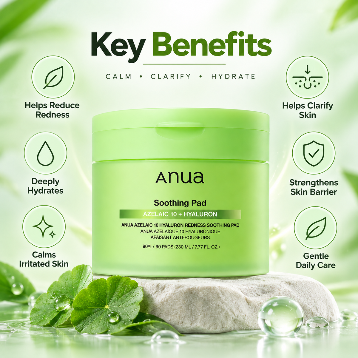 Anua Azelaic 10 Hyaluron Redness Soothing Pad toner pads, 90 pads, for soothing redness and hydrating sensitive-looking skin.