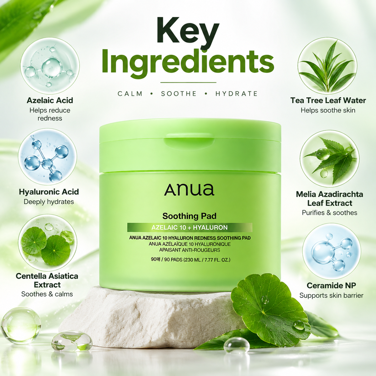 Anua Azelaic 10 Hyaluron Redness Soothing Pad toner pads, 90 pads, for soothing redness and hydrating sensitive-looking skin.
