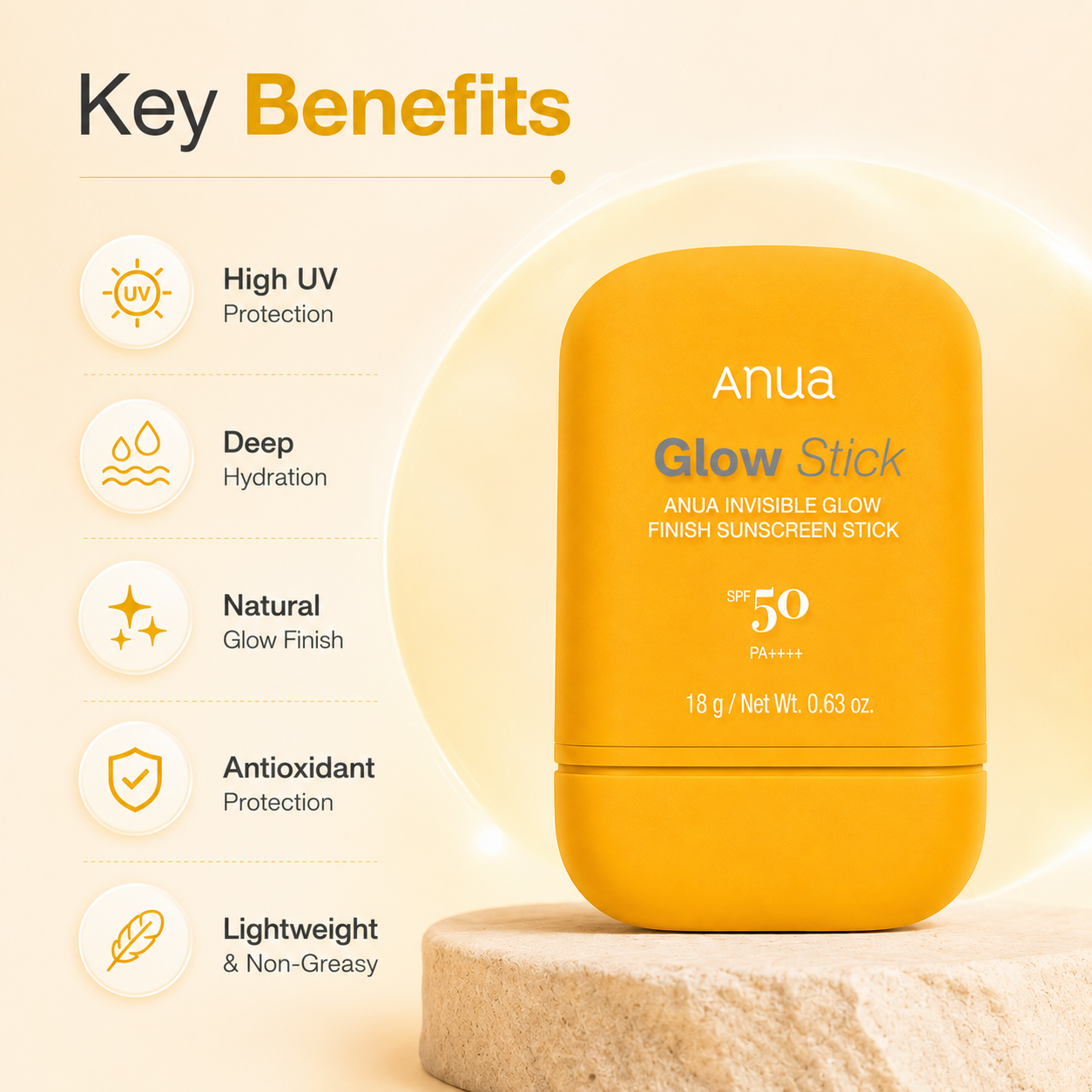 Anua Glow Stick Invisible Finish Sunscreen Stick SPF50 PA++++ 18g for lightweight daily UV protection with invisible glow finish
