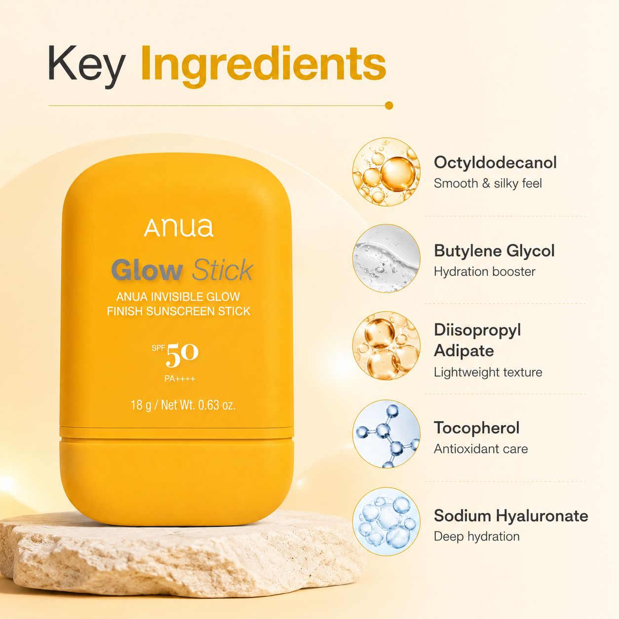 Anua Glow Stick Invisible Finish Sunscreen Stick SPF50 PA++++ 18g for lightweight daily UV protection with invisible glow finish