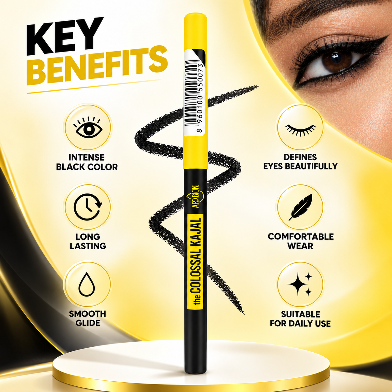 ARABION the COLOSSAL KAJAL black kajal pencil for defined eyes, with yellow cap and packaging label shown clearly