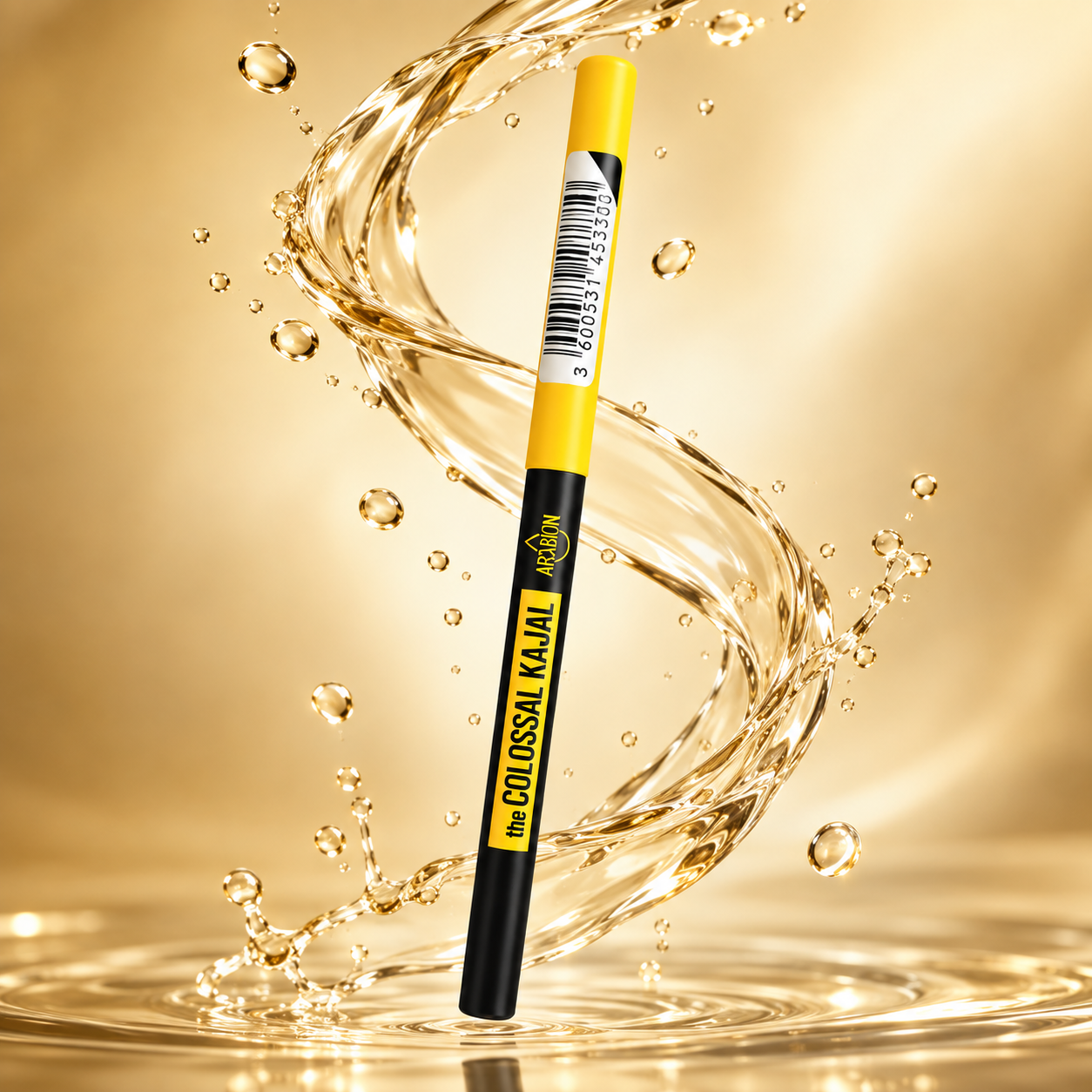 ARABION the COLOSSAL KAJAL black kajal pencil for defined eyes, with yellow cap and packaging label shown clearly