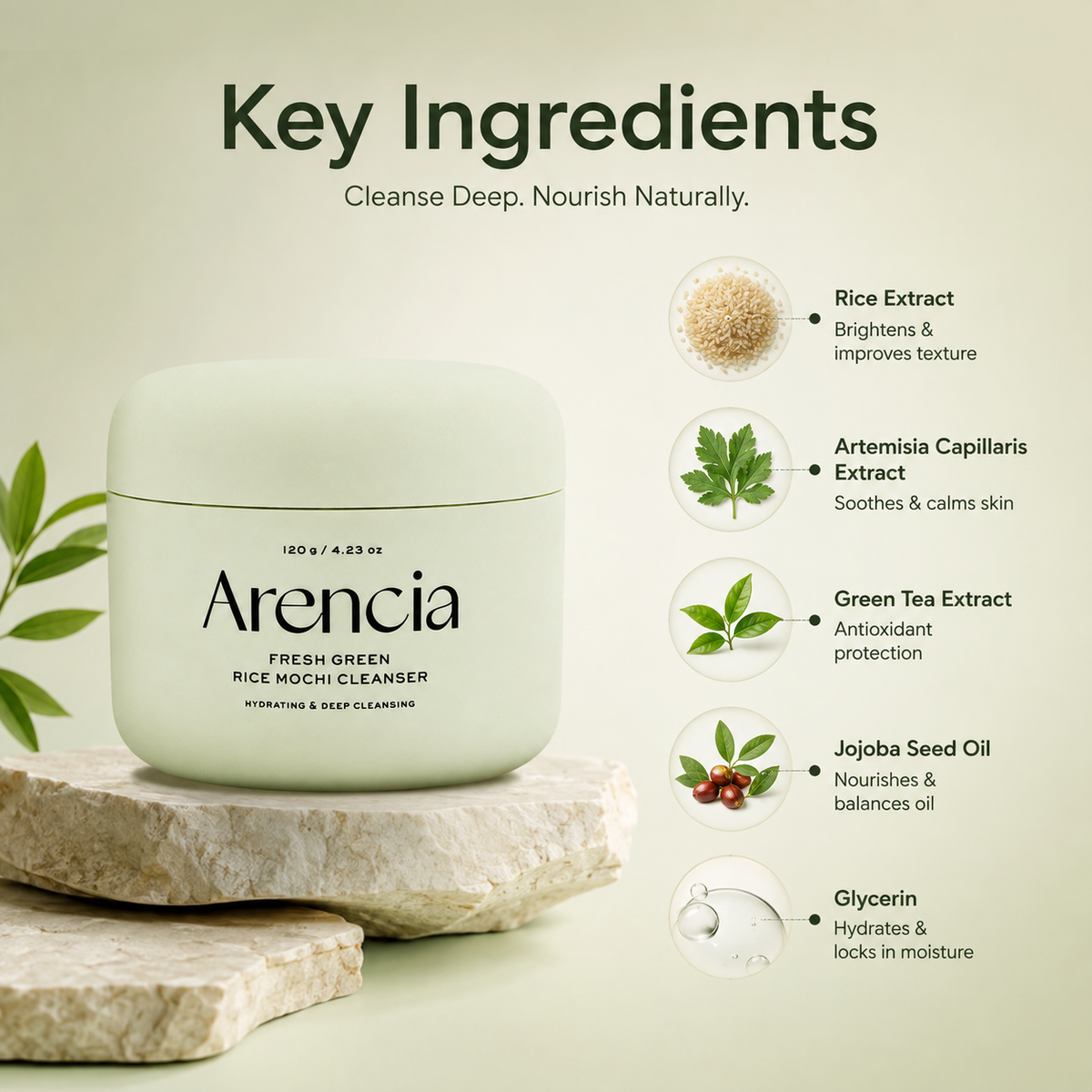 Arencia Fresh Green Rice Mochi Cleanser facial cleanser 120g for hydrating and deep cleansing