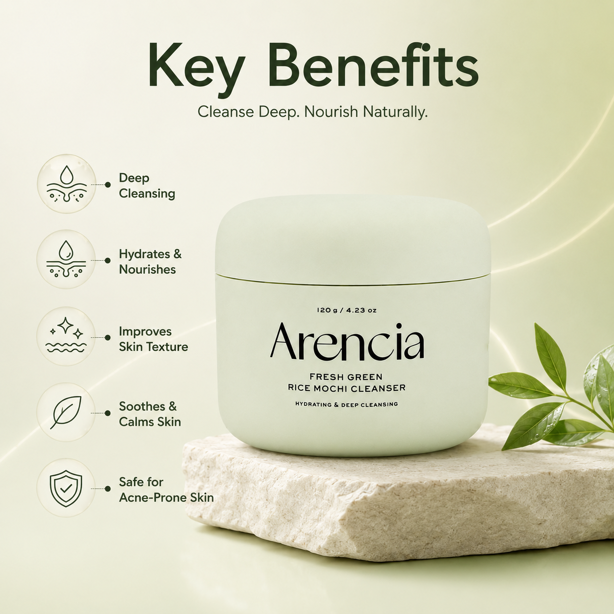Arencia Fresh Green Rice Mochi Cleanser facial cleanser 120g for hydrating and deep cleansing
